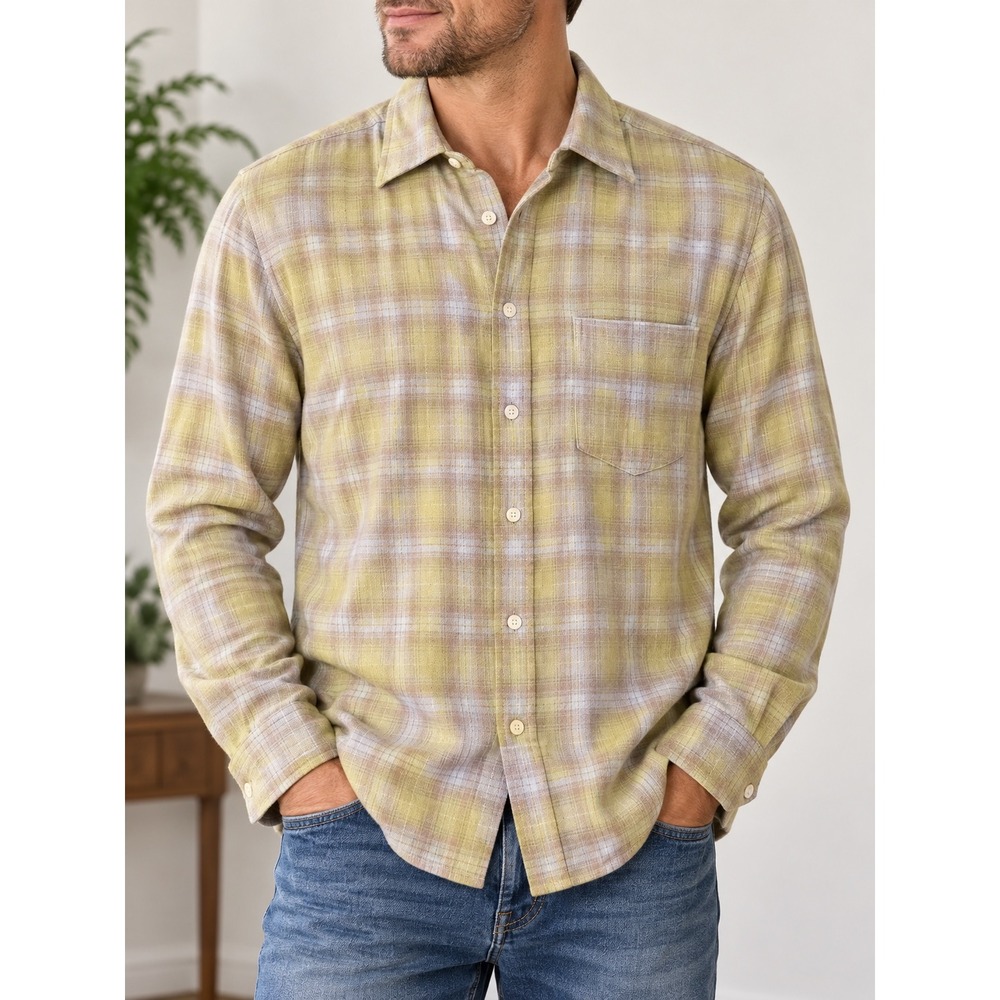 AllSaints Mens Relaxed Fit Plaid Wool Blend Button Down Shirt Yellow Size Medium